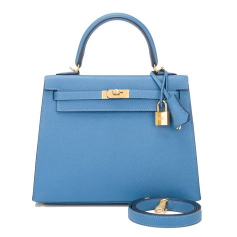 Hermes Kelly - Blue Azur Epsom Sellier 25cm Gold Hardware Hermes Kelly 25, Kelly 25, Hermes Kelly Bag, Colorful Handbags, Roshe Run, Perfect Handbag, Kelly Bag, Bowling Bags, Luxury Purses