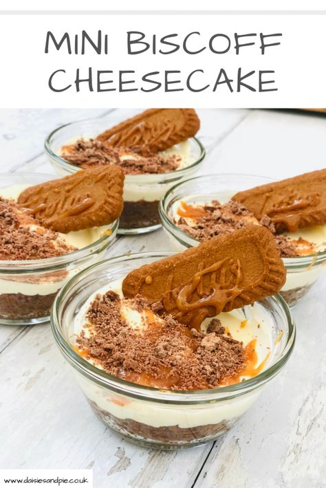 Mini Biscoff Cheesecake Recipe - no bake - super easy cheesecake recipe, delicious Biscoff base with creamy vanilla topping, salted caramel sauce and chocolate | Biscoff recipes Mini Biscoff Cheesecake, Cheesecake Recipe No Bake, Cheesecake Cups Recipe, Autumn Desserts, Biscoff Recipes, Oreo Cheesecake Recipes, Dairy Free Cheesecake, Biscoff Cheesecake, Bake Easy