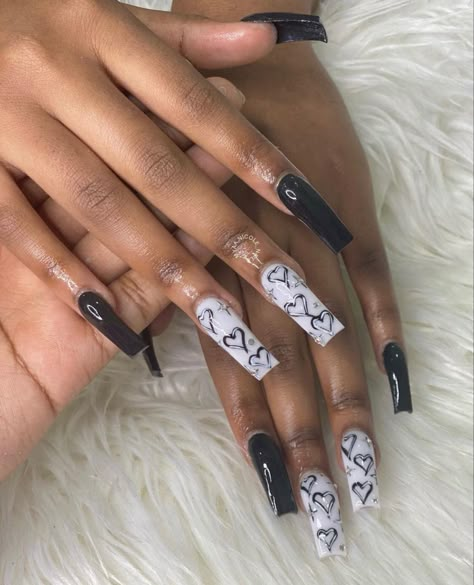 Acrylic Nails With Hearts Design, Long Acrylic Nails Black And White, Drip Nails Acrylic, Chicano Nails, Nails Coffin Short, Black Instagram, Black Acrylic Nails, Acrylic Nail Set, Hippie Nails