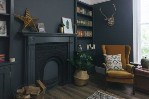 Snug painted in Farrow and Ball Downpipe - Rock My Style | UK Daily Lifestyle Blog Reading Snug, Snug Decor, Moody Room, Cosy Snug, Victorian Rooms, Snug Room, Fireplace Shelves, Dark Living Rooms, Fire Surround