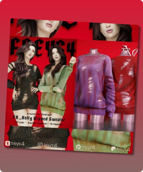 Sims 4 Clothing CC: Fr Kelly Ripped Sweater By XR Sims 4 Female Sweater, Sims 4 Ripped Clothes, Ripped Sweater, Sims 4 Cc Download, Mesh Sweater, Elastic Shorts, Best Sims, Female Clothing, Sims 4 Cas