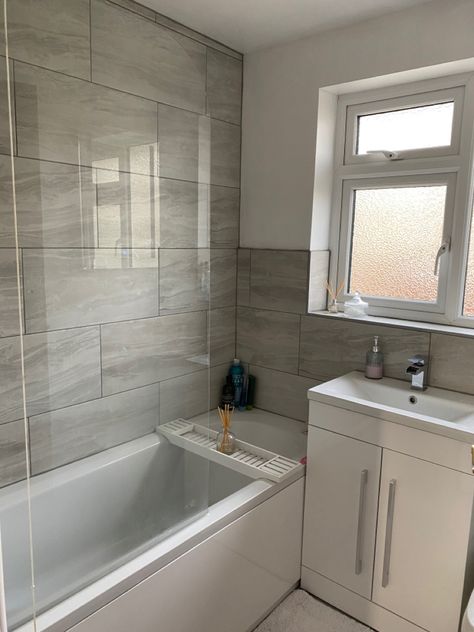 Wickes Bathroom Ideas, Grey Ensuite Shower Room, Small Grey Bathroom, Wickes Bathroom, Grey Tile Bathroom, Small Bathroom With Bath, Grey And White Bathroom, Small Full Bathroom, Bathroom Redecorating