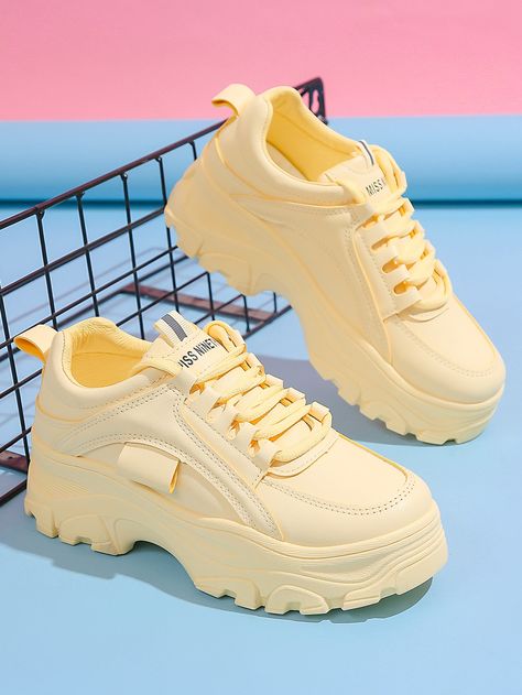 Yellow Sporty    Plain Chunky Sneakers Embellished   Women Shoes Designer Sneakers Women, Yellow Slippers, Peach Shoes, Shoes Png, Women Sports Shoes, Colorful Sneakers, Yellow Sneakers, Trend 2024, Shoes For Girls