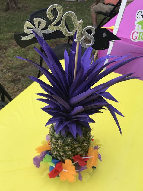 Luau centerpiece for HS graduation. Luau Grad Party Ideas, Luau Grad Party, Luau Graduation Party Ideas, Hawaiian Graduation Party, Hawaiian Centerpiece, Luau Graduation Party, Hawaiian Centerpieces, Family Reunion Centerpieces, Summerween Party