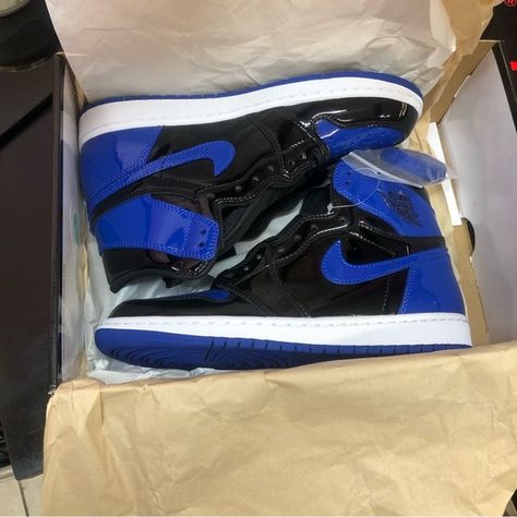 Jordan 1 Royal Blue Patent Leather Blue Jordans 1, Royal Blue Shoes Sneakers, Royal Blue Jordans, Dark Blue Jordans, Black And Blue Shoes, Jordan 1 Dark Blue, Jordan 1s Royal Blue, Blue And Black Jordans, Jordan 1 Patent