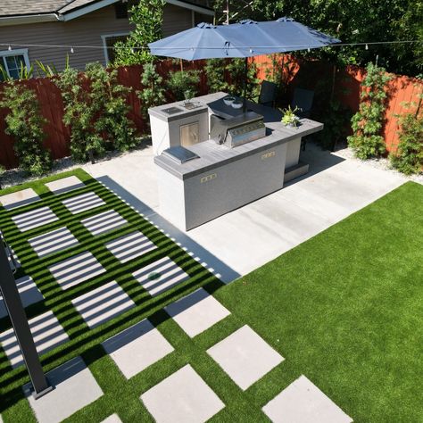 Backyard Goals Alert! Turf pavers that make your feet happy and your eyes even happier. No more mowing, no more mud – just lush green vibes all year round! Zen vibes on point with this fire pit area. Shade on demand thanks to our stunning pergola. Perfect for those sunny days when you need a little break from the heat but still wanna enjoy the outdoors. And check out this custom barbecue and grill station! It’s a grill master’s dream come true. Cook up a storm, entertain your friends, and... Turf And Pavers Backyard, Turf Paver, Craftsman Home Exterior, Turf Backyard, Backyard Goals, Zen Vibes, Green Vibes, Grill Station, Backyard Renovations