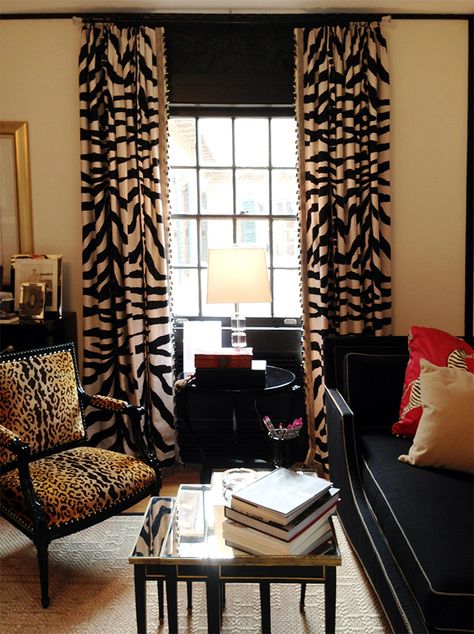 Room of the Day: This room makes black look cozy with the cream, gold and animal prints: stylish & cozy - Jack Fhillips ~ JLG Showhouse 4/25/2013 Animal Print Room, Mudcloth Decor, African Living Rooms, Chair Fabrics, Animal Print Rooms, African Interior Design, African Inspired Decor, Print Curtains, Animal Print Decor