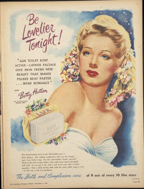 1948 advertisement for Lux soap - Betty Hutton : Free Download, Borrow, and Streaming : Internet Archive Lux Soap, Vintage Makeup Ads, Books Images, Vintage Advertising Art, Makeup Ads, 4 December, Beauty Ad, Decoupage Vintage, Vintage Makeup