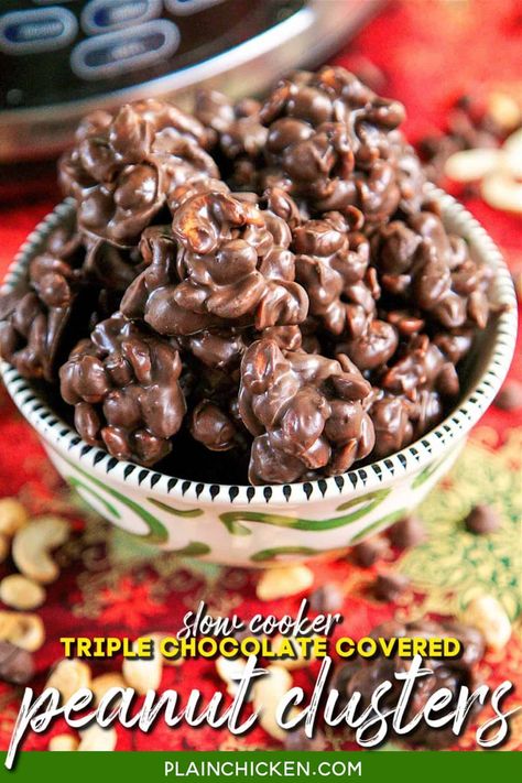 Chocolate Covered Peanut Clusters, Peanut Clusters In Crockpot, Chocolate Nuts Clusters, Clusters Recipe, Chocolate Peanut Clusters, Chocolate Covered Nuts, Chocolate Clusters, Crockpot Candy, Peanut Clusters