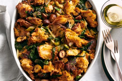 Bread-Stuffing-with-Swiss-Chard-and-chestnuts-FT-RECIPE1120 Vegetarian Thanksgiving Sides, Christmas Dinner Sides, Chestnut Stuffing, Vegetarian Thanksgiving Recipes, Bread Stuffing, Vegetarian Thanksgiving, Thanksgiving Stuffing, Rustic Bread, Dinner Side Dishes