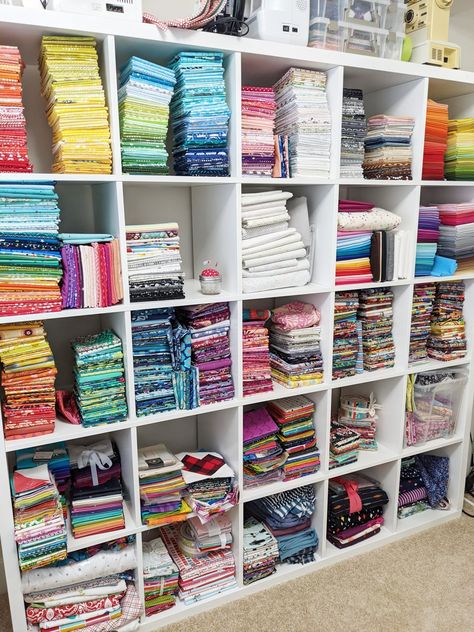 I always find it interesting to see how other people store their fabric scraps. There are so many ways to do it, and it seems like everyone has a unique way of keeping them organized. Here’s … Scrap Fabric Storage Ideas, How To Store Fabric Scraps, Scrap Fabric Management, Organizing Fabric Scraps Organization Ideas, Fabric Storage Shelves Idy, Ikea Storage Cubes, Fabric Scrap Storahe Solutions, Traditional Quilt Patterns, Rainbow Order