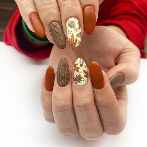 24pcs Christmas Long Almond Brown Fake Nails Press On Nails Maple Leaf French False Nails Finished Thanksgiving Nail Designs, Unghie Nail Art, November Nails, Easy Nails, Nagel Tips, Sweater Nails, Trendy Nail Art Designs, Her Nails, Thanksgiving Nails