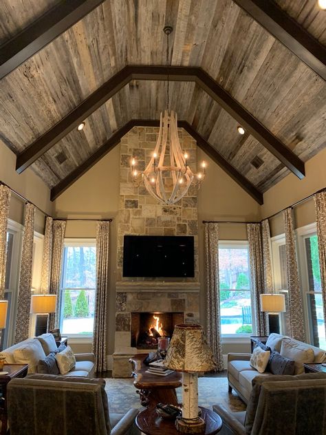 Vaulted Ceiling | Gray Oak Paneling Oak Paneling, Ceiling Beams Living Room, Vaulted Ceiling Beams, Cathedral Ceiling Living Room, Vaulted Ceiling Ideas, Beams Living Room, Wood Plank Ceiling, Vaulted Ceiling Living Room, Shiplap Ceiling