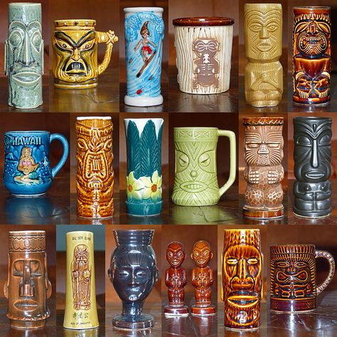 Tiki Mugs - vintage mugs from the 1950s, 60s & 70s | Flickr - Photo Sharing! Tiki Mug Storage, Tiki Mug Display, Tiki Pottery, Tiki Patio, Tiki Theme, Tiki Cups Ceramics, Tiki Ceramic Project, Ceramic Tiki Mug, Mugs Vintage