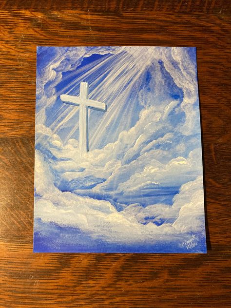 This cross of Jesus painting is gorgeous and would look great in a living room. It is 8x10 inches. Photographed in an 11x14 inch frame.  Painting only; does not include frames in photos. Biblical Paintings Canvases, God Canvas Painting Ideas, Christian Paintings On Canvas Easy Aesthetic, What To Paint On Big Canvas, Graduation Painting Ideas Canvases, Jesus Painting Ideas, Cross Painting Ideas, Jesus Painting Canvases, Painting Ideas Christian