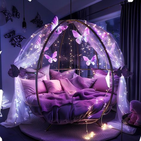 Purple Teen Room, Bedrooms Purple, Ideas For Teen Girls Bedroom, Purple Aesthetic Room, Cute Beds, Girls Bedroom Color Schemes, Teen Girls Bedroom, Fantasy Room, Purple Bedroom Decor