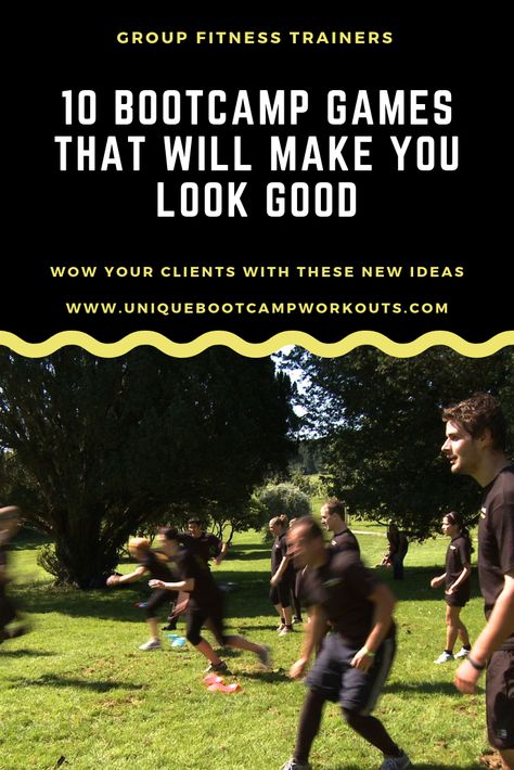 10 Bootcamp games that you can plug in to your next group training session.  #Bootcampidea #Bootcamp #Bootcampworkouts #Circuittraining #Fitnessgames Outdoor Bootcamp Ideas, Fun Bootcamp Games, Boot Camp Games, Bootcamp Workout Plan Circuit Training, Fun Bootcamp Workouts, Group Workout Ideas Boot Camp, Group Exercise Class Ideas, Outdoor Bootcamp Workout, Group Training Workouts