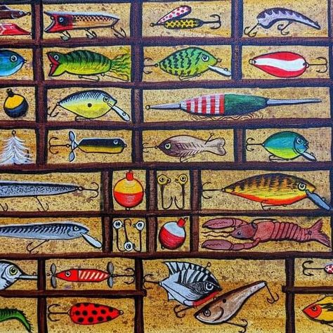 This is my acrylic painting of a variety of vintage fishing lures in a display case.  This is one of my most popular paintings for getting prints on a wide variety of products.   I appreciate your feedback and sharing my art with others.   prints/products:  https://www.redbubble.com/shop/ap/79833811 . . . #mattstarrfineart #artistic #paintings #artforsale #artist #myart #dailyart #artlover #artwork #artoftheday #gift #giftideas #tshirts #homedecor  #fishing #lure #lures #fish #bass #catf... Painting Fishing Lures, Fishing Lures Art, Fishing Painting, Popular Paintings, Vintage Fishing Lures, Bass Fishing Lures, Fish Painting, Vintage Fishing, Fishing Lure