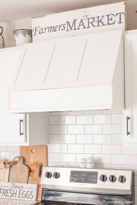 DIY Range Hood Cover With Storage | Simply Beautiful By Angela Diy Range Hood Cover, Diy Range Hood, Trailer Makeover, Range Hood Cover, Kitchen Hood Design, Beauty On A Budget, Kitchen Vent Hood, Hood Ideas, Kitchen Vent