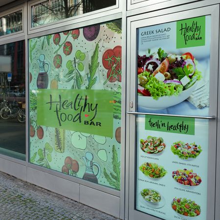 Restaurant Window, Glass Film Design, Window Film Designs, Restaurant Door, Door Poster, Healthy Bars, Window Graphics, Retail Windows, Window Signs