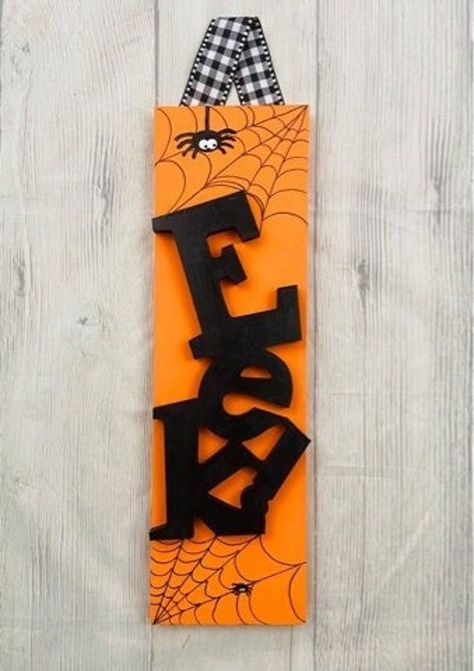 EEK! Wooden Halloween Sign - Autumn Decor for the Fall Season Beautiful and Handmade Wooden Sign. Bold and Bright with contrasting black on orange. Farmhouse/Country design. Hand painted with acrylic paint - Handmade Bow with natural sticks Accents. Hang on the front door, in the Kitchen, in the Family room or Dining room - it will bring any room into the Halloween season. Solid Wood Front Door Sign for college, fall, Halloween, funny, cute, ghost, black and white Dollar Tree Eek Sign Diy, Halloween Candy Crafts, Wooden Halloween Signs, Holiday Wood Crafts, Fall Wood Crafts, Dollar Tree Halloween, Halloween Wood Crafts, Front Door Sign, Easy Halloween Decorations