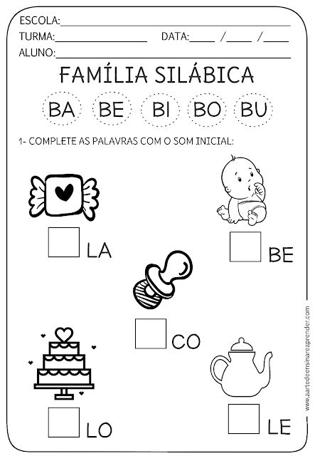 Atividade pronta família silábica - B Portuguese Lessons, Classroom Activities, First Grade, Learning Activities, Literacy, Vocabulary, Abc, Preschool, Pasta