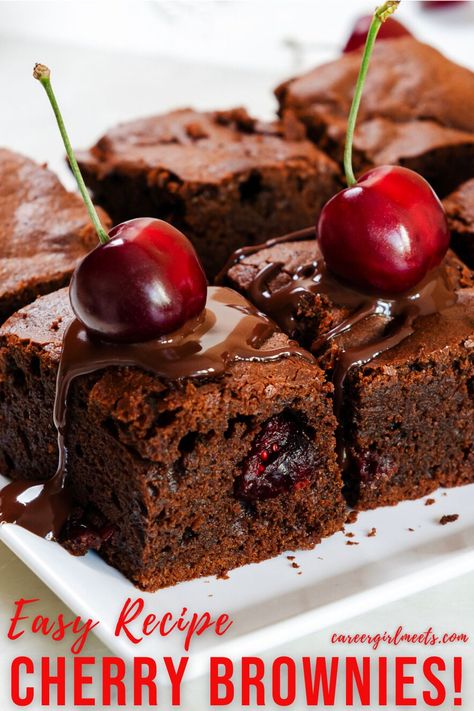 These easy double-fudge cherry brownies are the best! I recommend using Double Chocolate Ghirardelli brownie mixes for this dessert because they are delicious and have chocolate chips added to the mix. You'll also need one can of cherry pie filling. These cherry chocolate brownies, aka black forest brownies, will have everyone wanting a second piece. Bake them to perfection and allow them to cool completely before serving. Enjoy!

// cherry brownies // cherry pie filling // easy recipe // Cherry Brownies, Cherry Bars, Roasted Cherry, Chocolate Covered Cherries, Cherry Pie Filling, Köstliche Desserts, Brownie Cookies, Chocolate Cherry, Best Chocolate