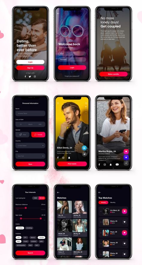 Dating App Ui Design, Tinder App Design, Dating App Design, Social App Design, Free Dating Websites, Dating Application, App Design Layout, Android App Design, Live App