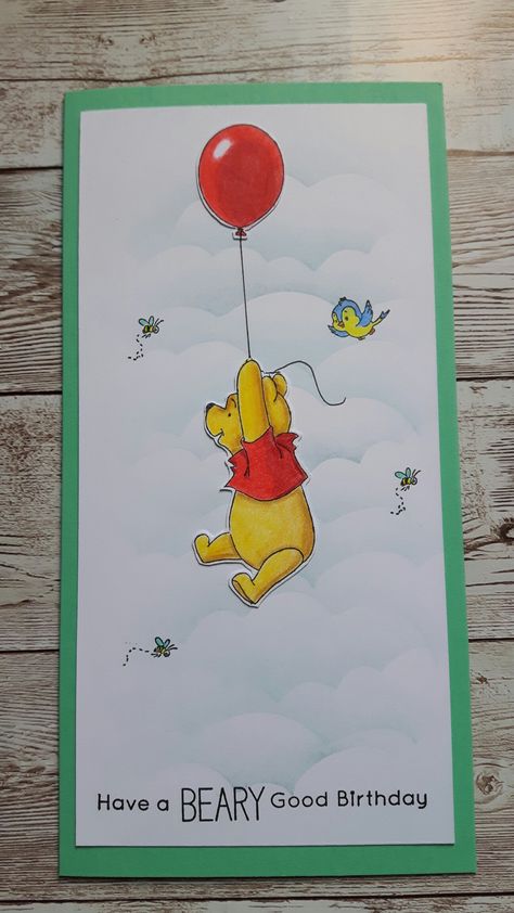 Clean and simple slimline Winnie the Pooh birthday card. Coloured with Arteza Expert coloured pencils, the background ink blended with Wendy Vecchi dye ink. Birthday Cards Winnie The Pooh, Winnie The Pooh Birthday Card Diy, Diy Disney Birthday Card, Winnie The Pooh Birthday Cards, Disney Birthday Card Ideas, Diy Disney Cards, Winnie The Pooh Birthday Card, Winnie The Pooh Card, Pooh Decor