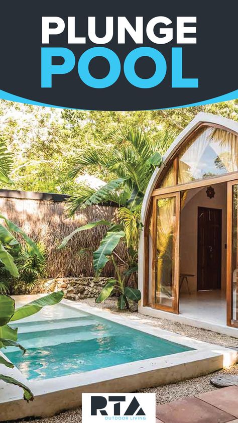 Plunge pool in a backyard beside greenery and a covered roof structure. Small Shallow Pool Ideas, Zero Entry Plunge Pool, Hot Tub Plunge Pool Combo, Plunge Pool With Fountain, Walk In Plunge Pool, Square Plunge Pool, Fiji Plunge Pool, Hot Cold Plunge Pool, Plunge Pools Backyard