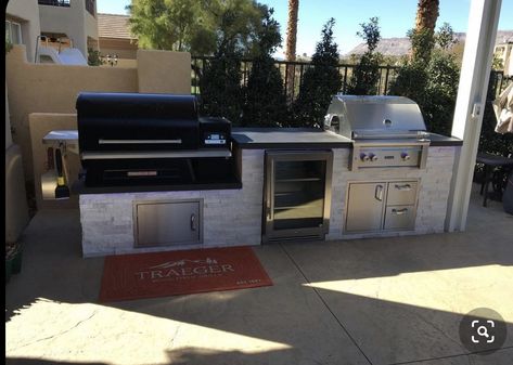 Built In Smokers In Outdoor Kitchens, Traeger Bbq Island, Outdoor Kitchen Traeger Grill, Outdoor Smoker Kitchen, Diy Covered Outdoor Kitchen, Treager Outdoor Kitchen Design, Arizona Outdoor Kitchen, Traeger Built In Outdoor Kitchens, Built In Smoker Outdoor Kitchen