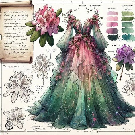 Page 125 - 128: "Dancing Under Blossoming Rhododendron" #aiart #aiartwork #aiartcommunity #aisketch #aiconceptart #fantasy #fantasyart #fantasyrace #fantasyculture #ball #formal #dance #dress #suit #nature #rhododendron #beastiary #fieldguide Peony Dress Pattern, Forest Fairy Gown, Nature Gowns Beautiful Dresses, Jade Green Wedding Dress, Flower Goddess Dress, Dream Dress Aesthetic, Enchanted Forest Dress Ideas, Nature Inspired Outfits Drawing, Nature Wedding Dress Fairies