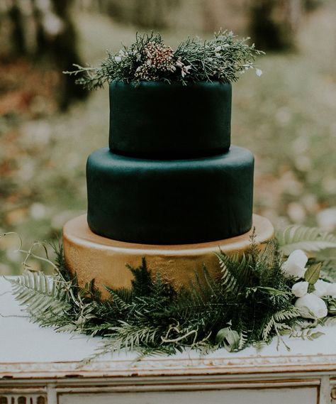 black gold forest fondant cake Black Wedding Cake, Halloween Wedding Cakes, Gold Winter Wedding, Black And Gold Wedding, Green Wedding Cake, Black Cake, Black Wedding Cakes, Winter Wedding Cake, Emerald Green Weddings