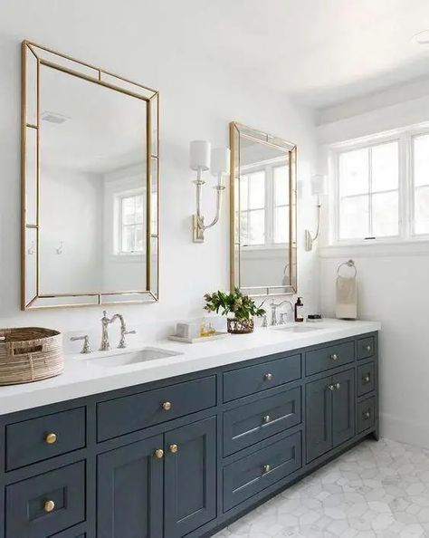 an elegant graphite grey farmhouse bathroom with a double sink and mirror, with a basket for storage Grey Bathroom Cabinets, White Bathroom Cabinets, Large Bathrooms, Plywood Furniture, Blue Bathroom, Rustic Bathroom, White Bathroom, Diy Bathroom, Remodel Ideas