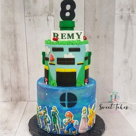 Super Smash Bros Cake, Smash Bros Cake, Super Smash Bros Party, Wedding Cake Emerald Green, Kirby Birthday, Zelda Cake, Nintendo Party, Cake Funny, Purple Cake