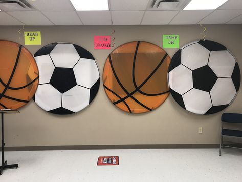 Love how these turned out for VBS - Game On!   Just round tablecloths over some pex pipe. Gym Murals, Basketball Locker Decorations, Sports Bulletin Boards, Sports Day Decoration, Football Activities, Soccer Locker, School Wide Themes, Football Activity, Olympic Crafts