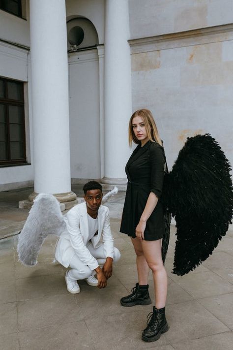 A Man and Woman Wearing Angel Costumes · Free Stock Photo Angel Man Costume, Angel Costumes, Angel Man, Angel Costume, Angel And Devil, City Of Angels, Angel Pictures, Dark Angel, Mens Costumes