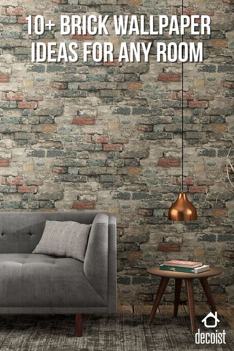 Wallpaper brings the weathered brick wall look to your hom Industrial Wallpaper Accent Wall, Brick Wall Kitchen Ideas Modern, Brick Wallpaper Interior, Brick Effect Wallpaper Bedroom, Brick Wallpaper Ideas, Brick Accent Wall Bedroom, Faux Exposed Brick Wall, Brick Wallpaper Accent Wall, Unit Decor Ideas