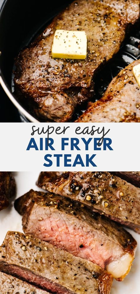 Cook your steak in the air fryer for a restaurant-quality meal from the comfort of your own kitchen any day of the week! Air Fryer steaks are a great beginner recipe - there's almost no technique required, and anyone with a meat thermometer can nail the perfect temperature. #airfryer #airfryersteak #airfryerrecipes #steak #friedsteak #howtocook #howtocooksteak Steak Cooked In Air Fryer, Strip Steak Air Fryer Recipes, Steaks In The Airfryer, Air Fryer Boneless Sirloin Steak, Strip Steak Recipe Air Fryer, Ribeye Steak Bites In Air Fryer, Air Fryer Steak Recipes Ribeye, Steak Dinner Ideas Air Fryer, Medium Well Steak In Air Fryer