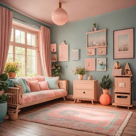 Green And Pink Living Room Aesthetic, Aqua And Pink Living Room, Loungeroom Styling Layout, Pastel Color Home Interiors, Pastel Colors Interior Design, Pastel Pink And Blue Room, Pink And Blue Living Room Ideas, Light Blue Interior Design, Pastel Color Room