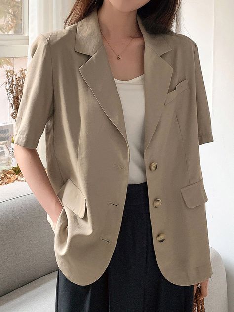 Khaki Casual  Half Sleeve Rayon Plain Regular Embellished Non-Stretch Spring/Fall Women Suits Short Sleeve Blazer Outfit, Blazer Shorts Set, Blazer Outfits Casual, Women Blazers, Blazer Outfits For Women, 여름 스타일, Houndstooth Blazer, Blazer Vest, Blazer And Shorts