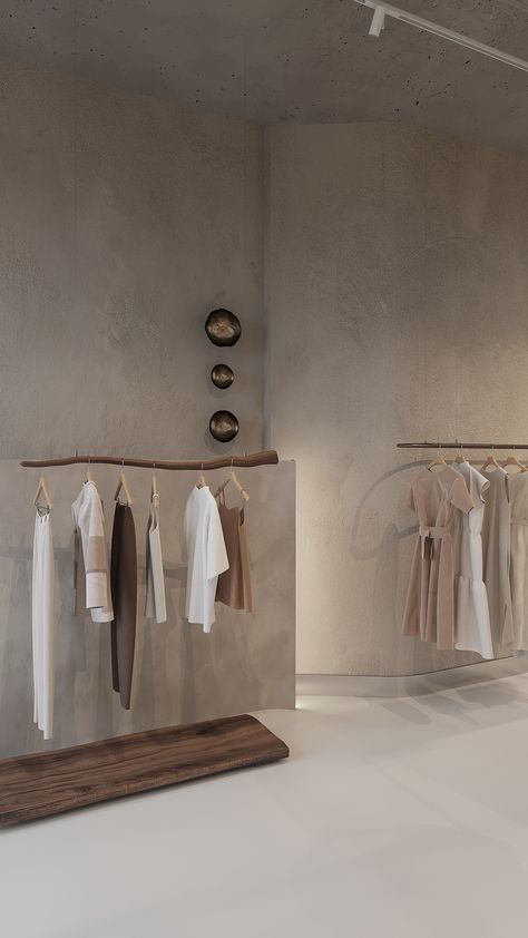 DSH clothing store in Astana :: Behance Minimalistic Store Design, Dresses Store Design, Minimalist Clothing Store Design, Aesthetic Fitting Room, Minimal Boutique Interior, Interior Design Fashion Store, Cozy Retail Store, Modern Showroom Interior Design, Neutral Boutique Interior