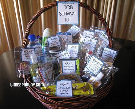 Job Survival Basket kit...for someone just beginning a new job or for a new co-worker:) Survival Basket, New Job Survival Kit, Survival Kit Gifts, Eid Decoration, Neuer Job, New Job Gift, Job Gifts, Work Gifts, Survival Kit