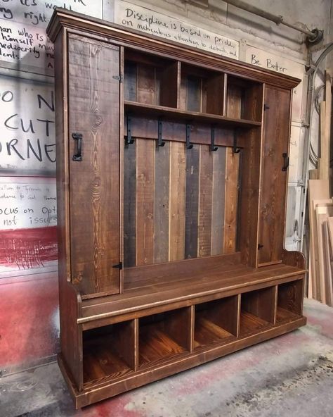 Rustic Hall Trees, Industrial Hall Tree, Entry Way Lockers, Industrial Hall, Hall Tree Bench, Farmhouse Entry, Hall Tree With Storage, Built In Shelves Living Room, Mudroom Lockers