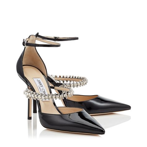 Black Patent Leather Pointy Toe Pumps with Crystal Strap | BOBBIE 100 | Cruise 19 | JIMMY CHOO Dr Shoes, Giuseppe Zanotti Heels, Wear Perfume, Heels Outfits, Jimmy Choo Heels, Pointed Heels, Fashion Heels, Leather Shoes Woman, Footwear Design Women