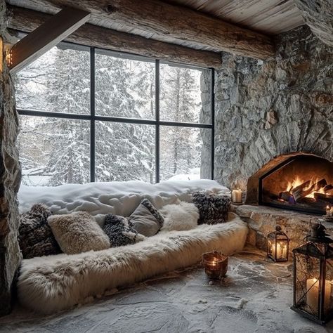 Cozy winter cabin setting with fur-covered sofa, fireplace, and snowy landscape outside, embodying the essence of a tranquil retreat. Winter Cabin Aesthetic, Cozy Winter Cabin, Winter Fireplace, Cabin Aesthetic, Cabin Retreat, Snowy Landscape, Warm Lighting, Winter Cabin, Rustic Stone