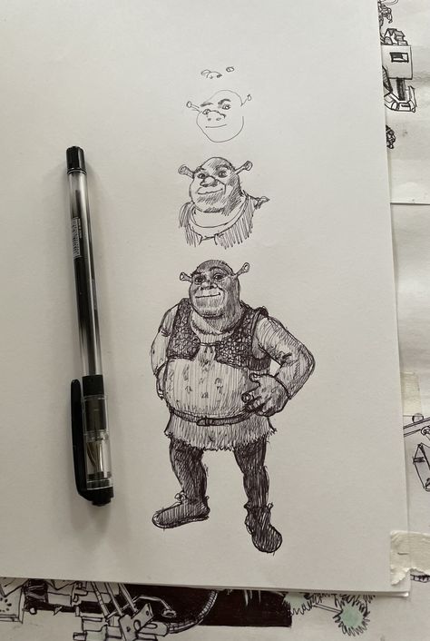 Shrek Sketch, Shrek Art, Shrek Drawing, Process Drawing, Baseball Drawings, Lord Farquaad, Cute Doodle Art, Shrek, Green Man