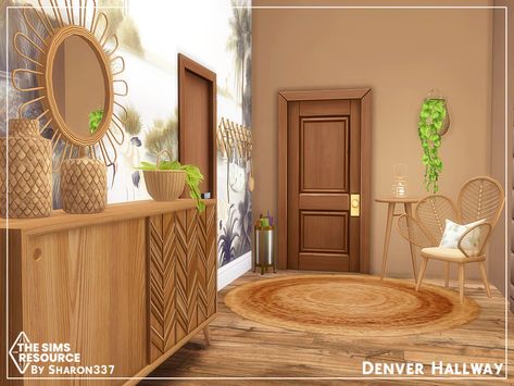 Sims 4 Hallway Ideas, Sims 4 Hallway, Sims Decor, Boho Hallway, Entry Storage, Upstairs Hallway Ideas, Foyer Furniture, San Myshuno, Sims 4 Tsr