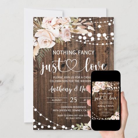 Diy Boho Wedding Invitations, Wording For Wedding Invitation, Simple Backyard Wedding Ideas, Wedding Invitation Ideas Diy, Nothing Fancy Just Love Invitation, Nothing Fancy Just Love Wedding, Lights Boho, Boho Wedding Invitations, Nothing Fancy Just Love