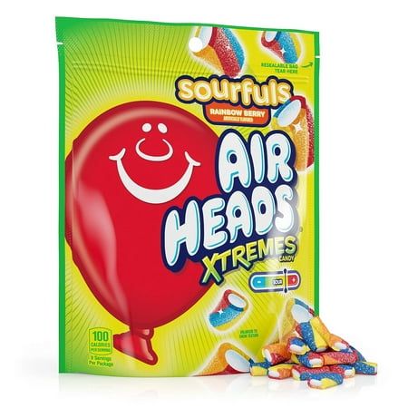 Airheads Xtremes Sourfuls are here to satisfy your sour tooth. This 9 ounce bag of Airheads Xtremes Sourfuls have three chewy layers of sour, sweet, and more sour. Airheads Xtremes Sourfuls Rainbow Berry candy is filled with the perfect blend of sour and sweet. This candy is peanut-free and allergy friendly. Play delicious and take your fun to the extreme with Airheads Xtremes! This is the perfect balance of sour and sweet candy for the movies, concession stands, fundraising, parties and more! N Sour Airheads, Air Heads Candy, Airheads Candy, Concession Stands, Sour Belts, Peg Bag, Gummy Worms, Chewy Candy, Candied Fruit